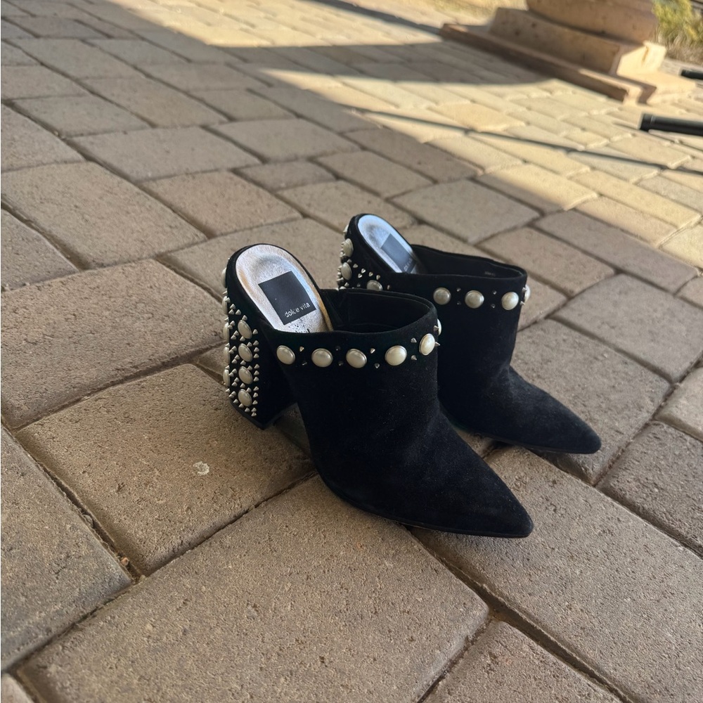 Dolce Vita Eon Black Suede Mules with Pearl Embellishments
